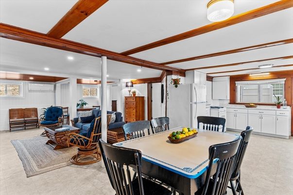 Dining room, Interior, Kitchen, Living room, Recessed Lighting, Wooden Beams