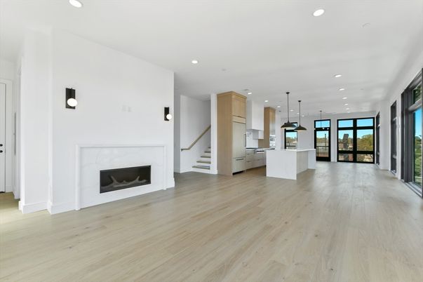 Empty room, Fireplace, Interior, Kitchen, Pendant Lights, Recessed Lighting, Wood Texture Flooring
