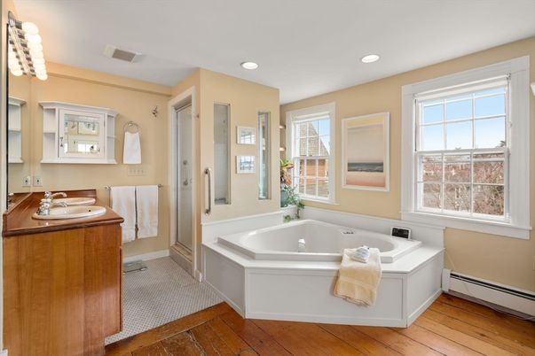 Bathroom, Interior, Recessed Lighting, Wood Texture Flooring