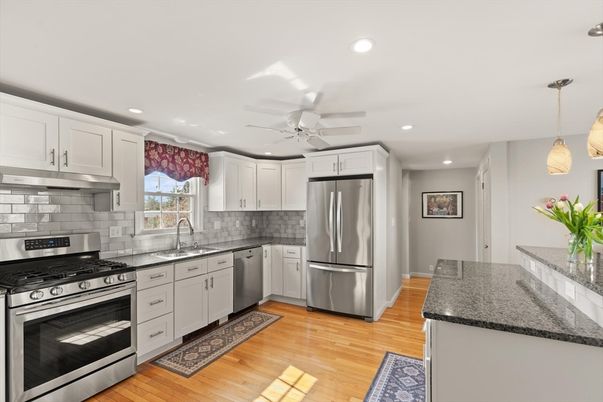 Interior, Kitchen, Pendant Lights, Recessed Lighting, Stainless Steel Appliances, Wood Texture Flooring