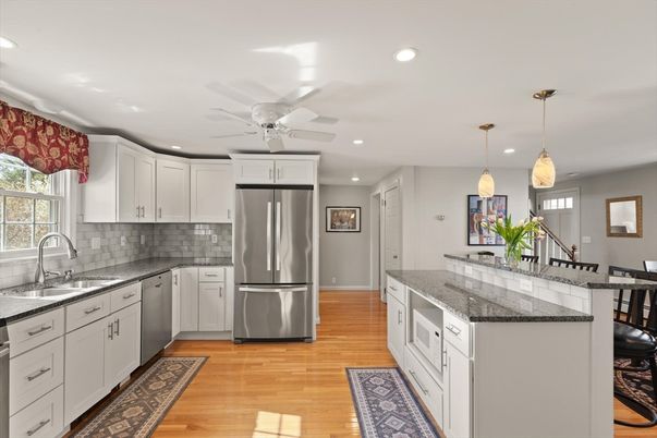 Interior, Kitchen, Pendant Lights, Recessed Lighting, Stainless Steel Appliances, Wood Texture Flooring