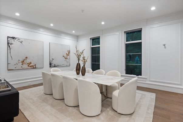 Dining room, Interior, Recessed Lighting, Wood Texture Flooring