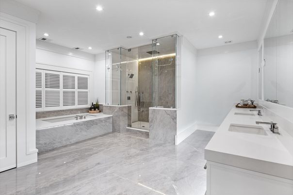 Bathroom, Dual Sink Vanities, Glass Shower, Interior, Marble, Recessed Lighting