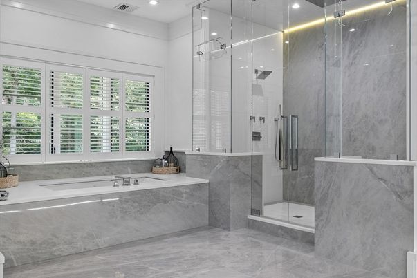 Bathroom, Glass Shower, Interior, Marble Walls, Recessed Lighting