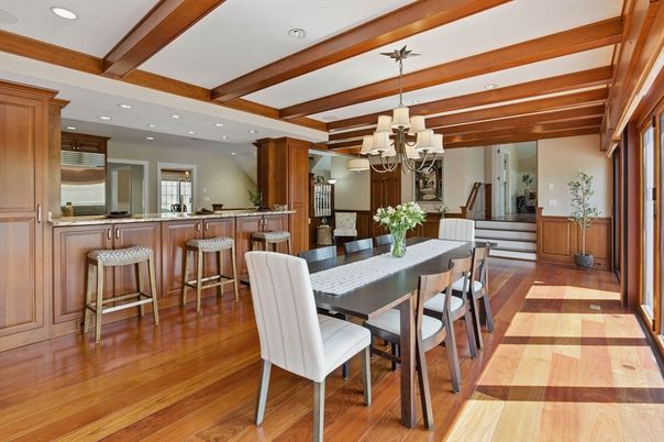 Chandelier, Dining room, Interior, Recessed Lighting, Wooden Beams, Wood Texture Flooring