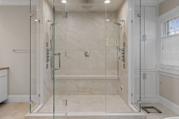 Bathroom, Glass Shower, Interior, Marble Walls, Recessed Lighting