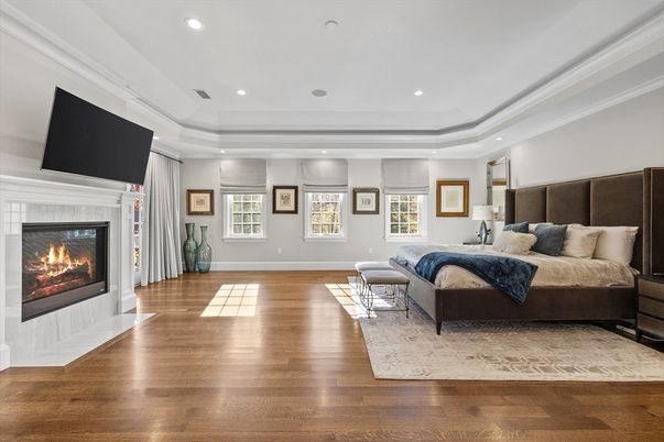 Bedroom, Fireplace, Interior, Recessed Lighting, Wood Texture Flooring