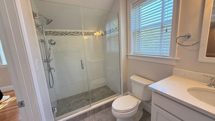 Bathroom, Glass Shower, Interior, Wood Texture Flooring