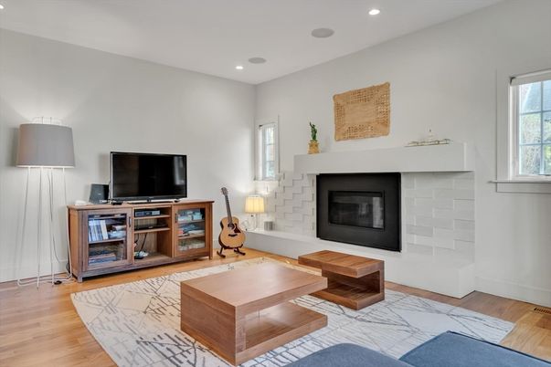Fireplace, Interior, Recessed Lighting, Wood Texture Flooring