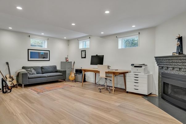Fireplace, Home Office, Interior, Recessed Lighting, Wood Texture Flooring