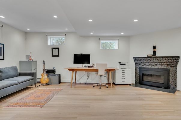 Fireplace, Home Office, Interior, Recessed Lighting, Wood Texture Flooring