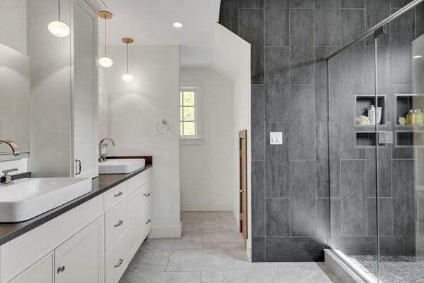 Bathroom, Dual Sink Vanities, Glass Shower, Interior, Pendant Lights, Recessed Lighting