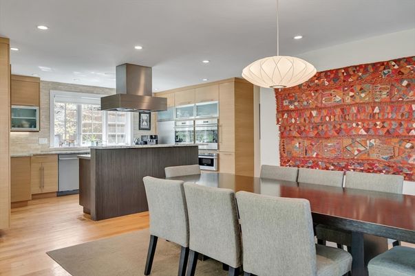 Dining room, Interior, Kitchen, Pendant Lights, Recessed Lighting, Stainless Steel Appliances, Wood Texture Flooring