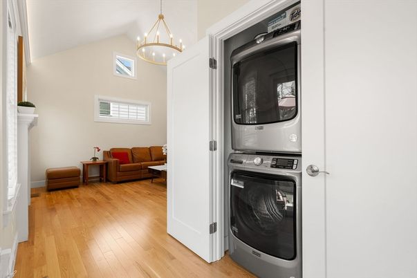 Interior, Living room, Pendant Lights, Utility Closets, Washer, Wood Texture Flooring