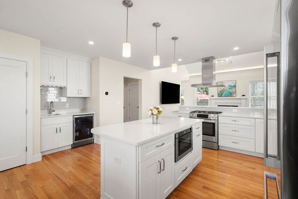 Interior, Kitchen, Pendant Lights, Recessed Lighting, Stainless Steel Appliances, Wood Texture Flooring