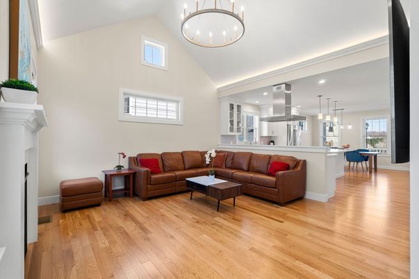 Dining room, Fireplace, Interior, Kitchen, Living room, Pendant Lights, Recessed Lighting, Stainless Steel Appliances, Wood Texture Flooring