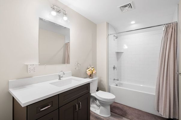 Bathroom, Glass Shower, Interior, Recessed Lighting, Wood Texture Flooring