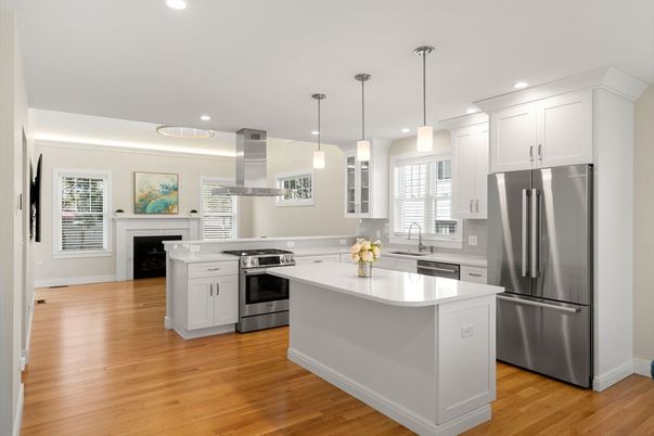 Fireplace, Interior, Kitchen, Pendant Lights, Recessed Lighting, Stainless Steel Appliances, Wood Texture Flooring