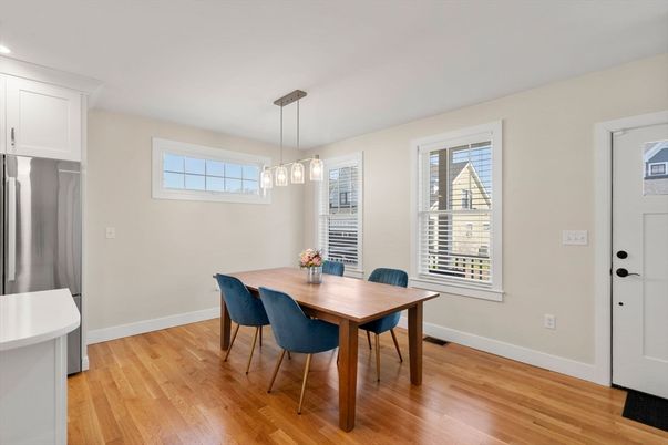 Dining room, Interior, Pendant Lights, Recessed Lighting, Wood Texture Flooring