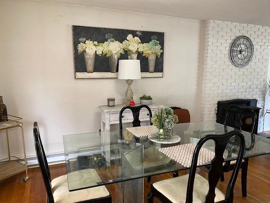 Dining room, Fireplace, Interior, Stone Walls, Wood Texture Flooring