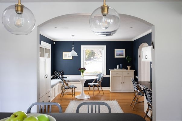 Dining room, Interior, Pendant Lights, Wood Texture Flooring