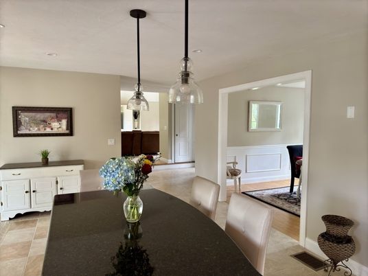 Dining room, Interior, Pendant Lights, Recessed Lighting, Wood Texture Flooring