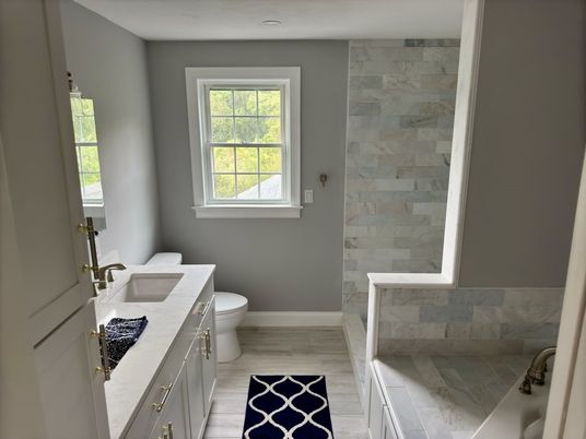 Bathroom, Interior, Marble Walls, Wood Texture Flooring