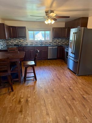 Dining room, Interior, Kitchen, Stainless Steel Appliances, Wood Texture Flooring