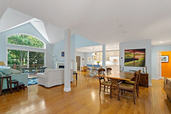 Dining room, Fireplace, Interior, Kitchen, Living room, Pendant Lights, Recessed Lighting, Wood Texture Flooring