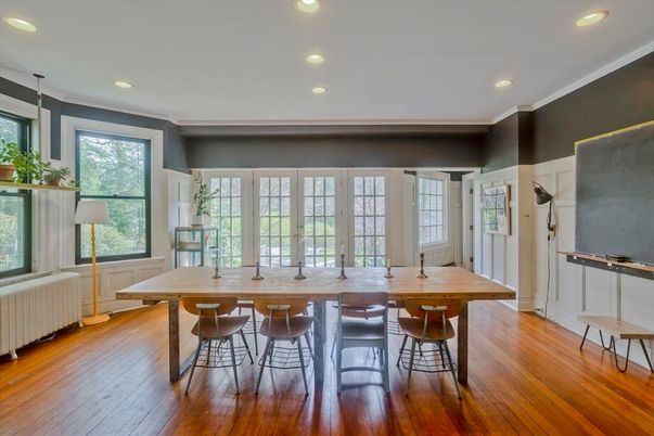Dining room, Interior, Pendant Lights, Recessed Lighting, Wood Texture Flooring