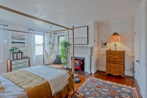 Bedroom, Fireplace, Interior, Wood Texture Flooring