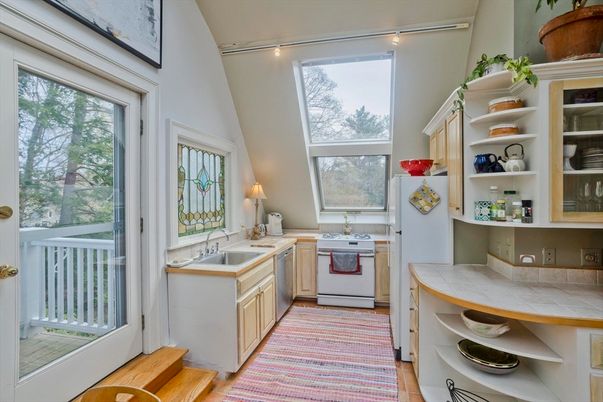 Interior, Kitchen, Tile Countertops, Wood Texture Flooring