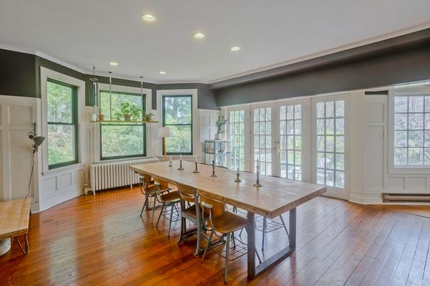 Dining room, Interior, Pendant Lights, Recessed Lighting, Wood Texture Flooring