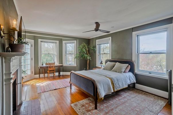 Bedroom, Fireplace, Interior, Wood Texture Flooring