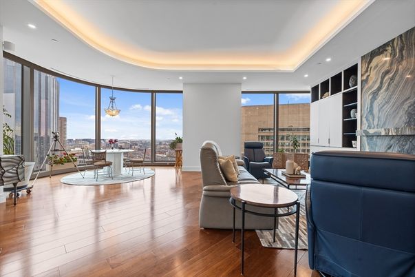 Dining room, Interior, Living room, Pendant Lights, Recessed Lighting, Wood Texture Flooring