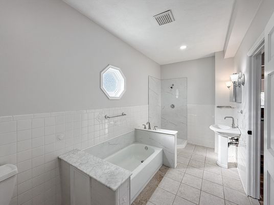 Bathroom, Glass Shower, Interior, Marble Walls, Recessed Lighting
