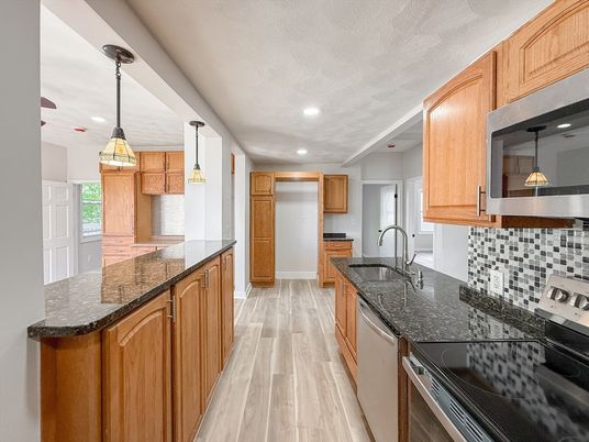 Interior, Kitchen, Pendant Lights, Recessed Lighting, Stainless Steel Appliances, Wood Texture Flooring