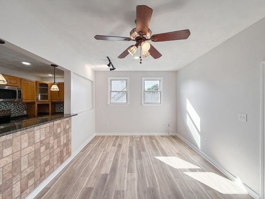 Empty room, Interior, Kitchen, Pendant Lights, Recessed Lighting, Wood Texture Flooring