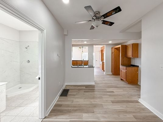 Bathroom, Interior, Marble Walls, Recessed Lighting, Wood Texture Flooring