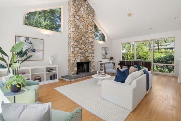 Fireplace, Interior, Living room, Piano, Recessed Lighting, Stone Walls, Wood Texture Flooring
