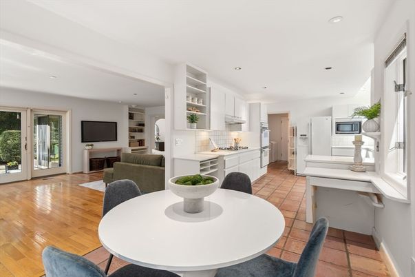 Dining room, Interior, Kitchen, Recessed Lighting, Stainless Steel Appliances, Wood Texture Flooring