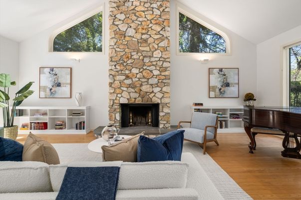 Fireplace, Interior, Living room, Piano, Stone Walls, Wood Texture Flooring