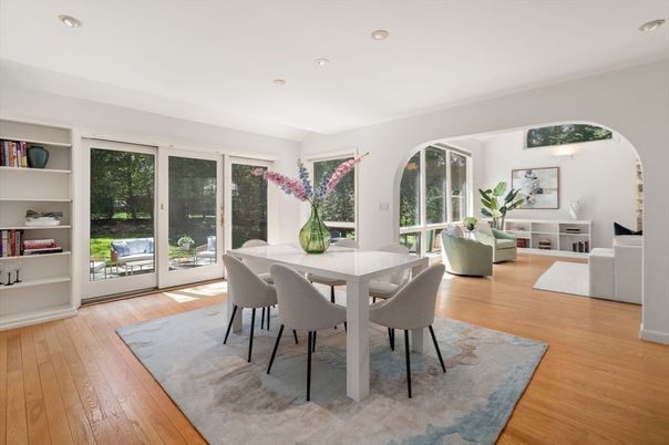 Dining room, Interior, Recessed Lighting, Wood Texture Flooring