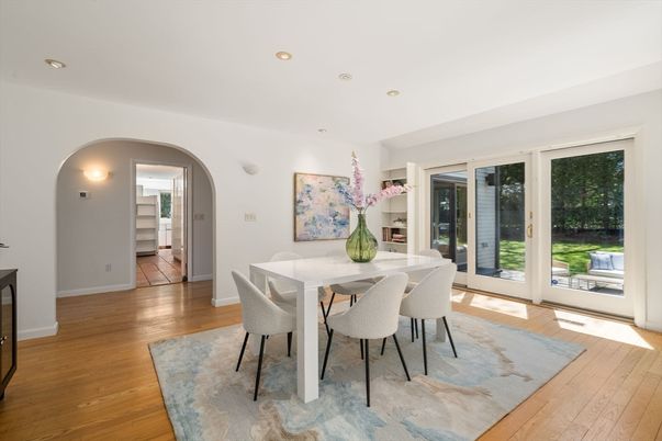 Dining room, Interior, Recessed Lighting, Wood Texture Flooring