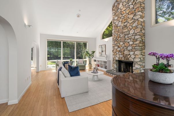 Fireplace, Interior, Living room, Stone Walls, Wood Texture Flooring