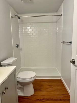 Bathroom, Glass Shower, Interior, Wood Texture Flooring