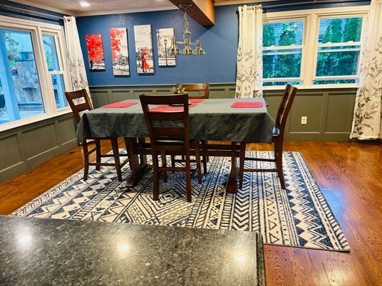 Dining room, Interior, Recessed Lighting, Wooden Beams, Wood Texture Flooring