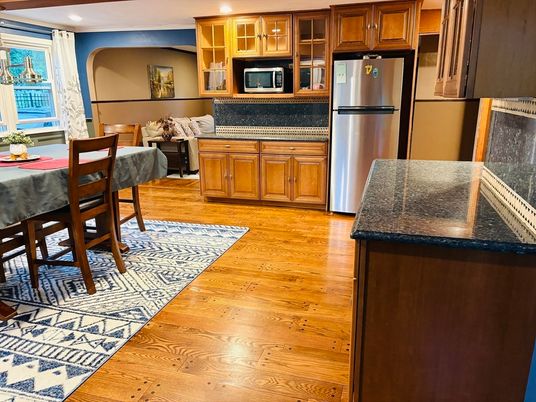 Dining room, Interior, Kitchen, Recessed Lighting, Wood Texture Flooring