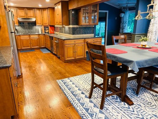 Dining room, Interior, Kitchen, Recessed Lighting, Wood Texture Flooring