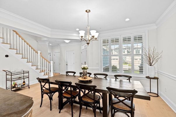 Chandelier, Dining room, Interior, Recessed Lighting, Wood Texture Flooring